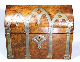 Antique English Wood & Brass Table Desk Letter Box Gothic Design 1850s