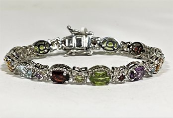 Contemporary Sterling Silver Genuine Multi Gemstone Bracelet Garnet, Peridot Amethyst 7'