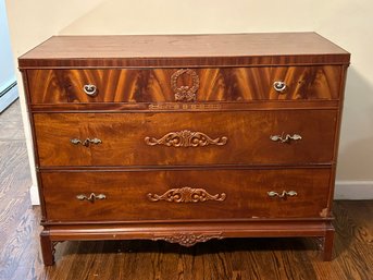 Vintage Sheraton Inspired Neoclassical Dresser With Stunning Inlay And Fancy Wreath & Swag Relief