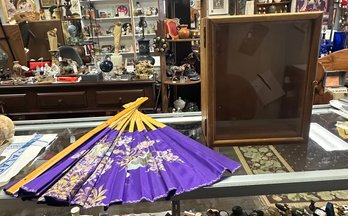 Vintage Oriental Painted Wall Fan Wood - Purple Flower & Birds & A Display Case With Glass Front    Rev J- D5