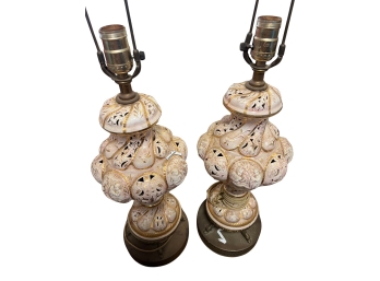 Pair Of Vintage Victorian Swirled Capodimonte Style Porcelain And Gold Leaf Table Lamps With Cherub Pattern