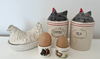 Chicken Lot ~ Vintage Hen Coffee & Tea Canister, 2 Eggs Cups & Pottery Barn French Hen ~