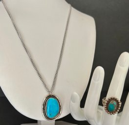 2 Vtg Turquoise Pieces: Handmade Navajo Pendant - Native American Sterling Ring Marked U Gemologist Verified