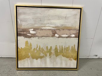 Framed Abstract Of Gilt Trees With Taupe Hills In Gold Frame