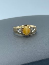 Impressive Tiger Eye & Diamond 10k Yellow Gold Mans Ring