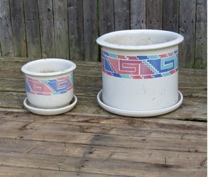 Pair Of Ceramic Southwestern Style Planters In 2 Sizes