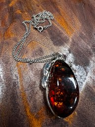 Vintage Amber Glass Pendant Necklace On Silver Chain