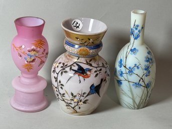 THREE VICTORIAN ENAMELED CRYSTAL VASES