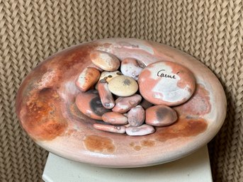 California Artist Came' Hand Painted Ceramic Bowl With Stones On Pedestal Stand