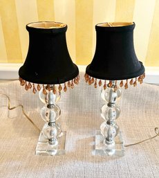 Pair Of Diminutive Crystal Stacked Ball Lamps With Beaded Shades