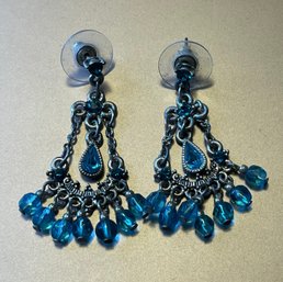 Fun Light Blue Glass And Silvertone Dangle Earrings