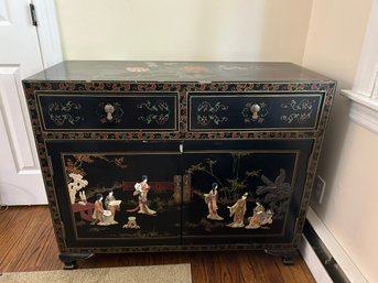 1940's Asian Chinoserie / Hollywood Regency/ Black Lacquer Painted Buffet  Commode Intricate Design