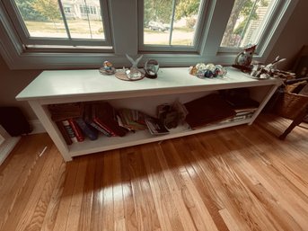 TWO LONG WOODEN BOOKSHELVES PAINTED WHITE