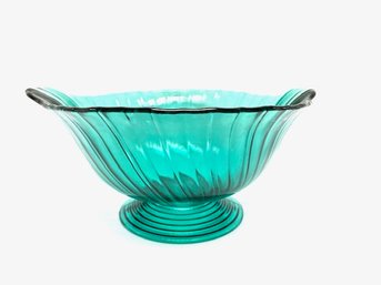 Vintage Footed Dual Handled Blue Green Glass Serving Bowl