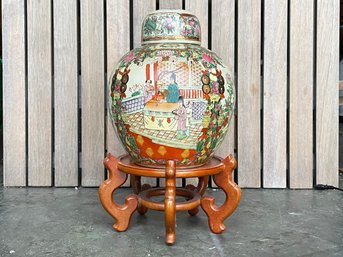 A Magnificent Vintage Lidded Chinese Vase On Hard Wood Base
