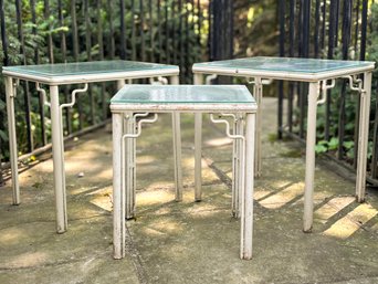 A Set Of 3 Cast Aluminum Outdoor Side Tables - Chinoiserie Style With Tempered Glass Tops