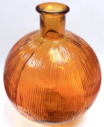 GIANT ORANGE GLASS FLOOR VASE:  17.5 Inch By 12 Inch Ribbed Bottle, Made In Spain