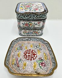 Antique Chinese Enameled Brass 3 Tiered Box & Square Trinket Tray