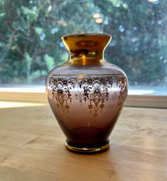 Vintage Hand Blown Vecchia Murano Amethyst With Gold Leaf Art Glass Vase