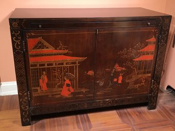 Gorgeous Chinese Style Cabinet / Bar In Rosewood Finish Has Pullout Tray In Front - Hand Painted Decoration