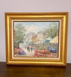 Caroline Burnett, Parisian Street Scene With Flower Vendors, Oil On Board In Giltwood Frame, Signed