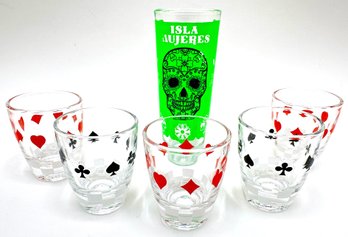 Set 5 Vintage Mid-Century Card Suit Shot Glasses & Mexican Tequila Shot Glass