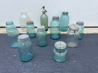 Large Collection Of Antique Ball Mason Jars & Vintage Seltzer Bottle