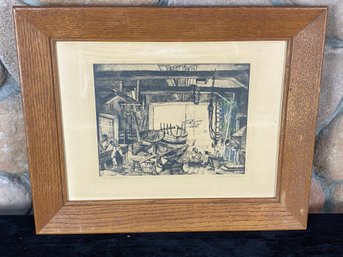 Framed Etching Print 'The Old Boat Works' By Lionel Barrymore