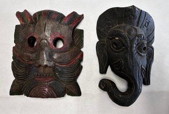 Two Wood Carved Masks- Goddess Ganesh Mask And Tribal Mask Suz/D3