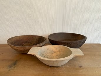 Lot Of 3 Antique Wooden Dough Bowls