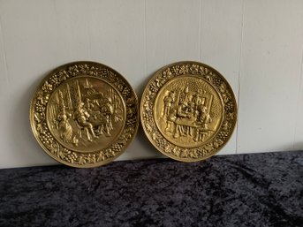 Pair Of Vintage Brass Embossed Wall Hanging Plates