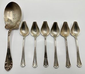 6 Vintage English Sterling Silver Spoons & Monogramed Sterling Serving Spoon