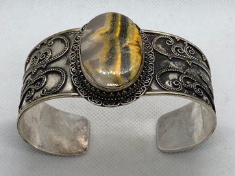 Large STERLING SILVER Cuff Bracelet With Vibrant Yellow To Slate Gemstone