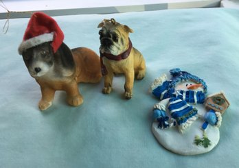 Lot Of 3 Vintage Christmas Ornaments - 2 Dog Figures & Snowman Figure