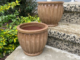 Pair Of Tan Glazed Terra Cotta Planters