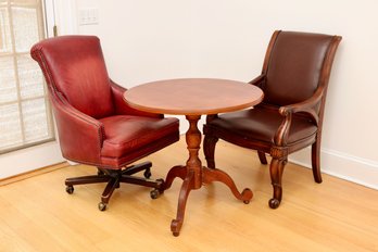 Set Of 2 Leather Arm Chairs Plus  A Round Wood Pedestal Table