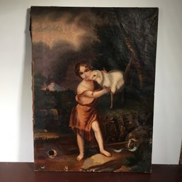 Antique Old Master Style Oil On Canvas Of Child & Sheep - Early / Mid 1800s - As Is - Canvas Labeled London