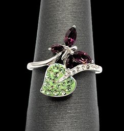 Gorgeous Sterling Silver With Peridot, Amethyst And Clear Stones Flower And Leaf Ring, Size 6.75