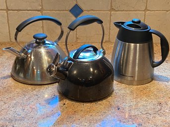 2 Tea Kettles Stainless Steel And Enamel And An Insulated SS Starbucks Coffee Pot