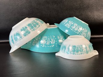 Vintage Pyrex Mixing Bowls In Turquoise & White, Butterprint Pattern