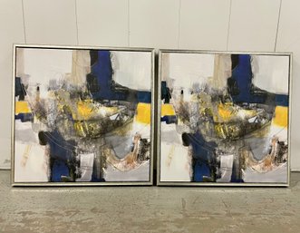 Pair Of Framed Royal Blue, Yellow & Cream Abstracts On Canvas