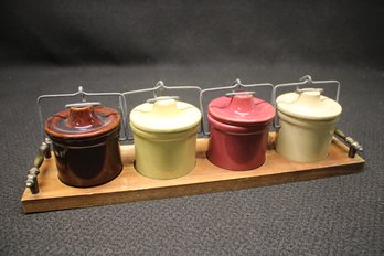 Mid Century Condiment Tray With Ketchup. Mustard. Mayonnaise & Relish Crocks With Lids