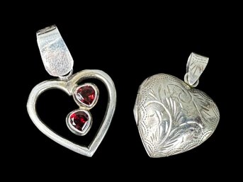 Sterling Silver 925 Heart Locket & Heart Pendant With Red Garnets