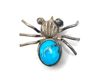 Vintage Sterling Silver Turquoise Color Spider Pin