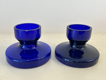 Vintage Imperial Estate Cobalt Blue Base Candlestick Holders - Set Of 2