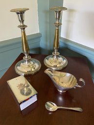 Silver Plated Collection: Candlestick Holder With Brass, Matchbox Holder, Gravy Boat With Spoon