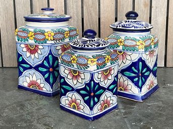 A Trio Of Ceramic Majolica Kitchen Canisters