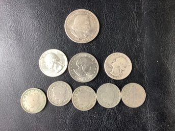 5 - V Nickels, 2 Washington Silver Quarters, 1893 Columbian Half Dollar & 1979 Susan B Anthony Dollar