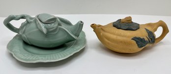 Vintage Chinese Yellow  Yixing Clay Teapot & Porcelain Celadon Lotus Teapot With Tray