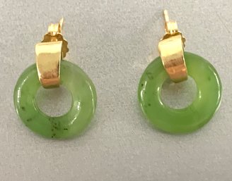 Pair Of 14K Yellow Gold Pierced Earrings With Possible Jade Hoops